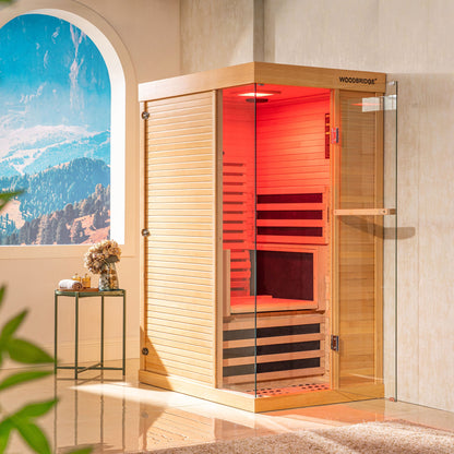 1 Person Canadian Hemlock Wood Infrared Sauna For Home With Touch-Tone Keypad, Led Color Therapy Light, Tempered Glass Door And A Top Vent