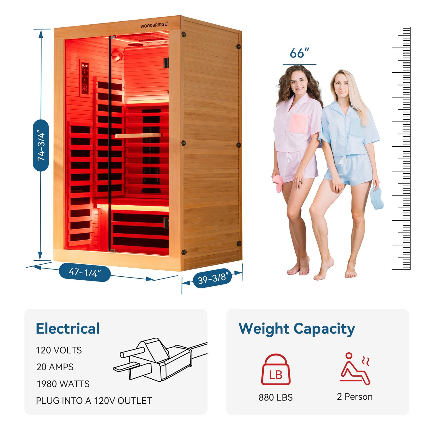 2 Person Canadian Hemlock Wood Infrared Sauna For Home With Touch-Tone Keypad, Led Color Therapy Light, Tempered Glass Door And A Top Vent