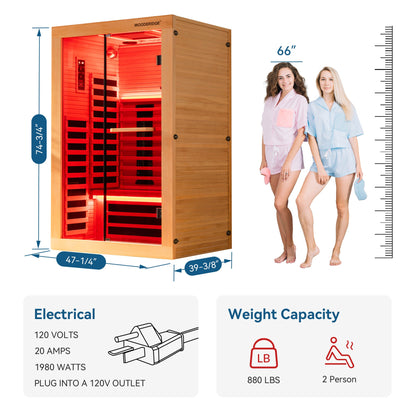 2 Person Canadian Hemlock Wood Infrared Sauna For Home With Touch-Tone Keypad, Led Color Therapy Light, Tempered Glass Door And A Top Vent