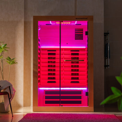 2 Person Canadian Hemlock Wood Infrared Sauna For Home With Touch-Tone Keypad, Led Color Therapy Light, Tempered Glass Door And A Top Vent