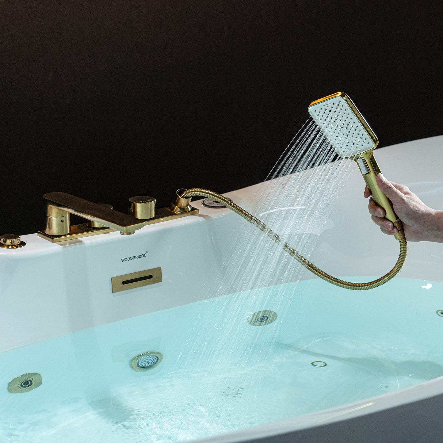 WOODBRIDGE 72" x 35-3/8" Whirlpool and Air Bath Heated Soaking Combination Tub with Adjustable Speed Air Blower and Display Control Panel, Brushed Gold Finish Trim and Drain Kit