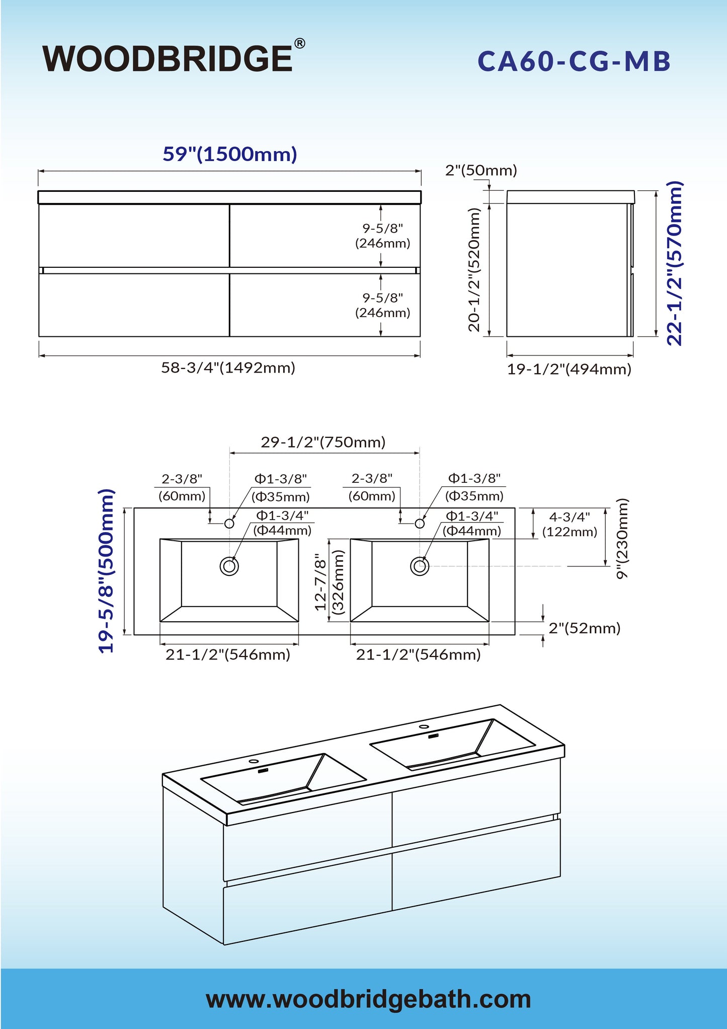 WOODBRIDGE 23-5/8 in. W x 19-5/8 in. D Wall Mounted Floating Bathroom Vanity in Gray with Quartz Sand Composite Vanity Top in Matte Black