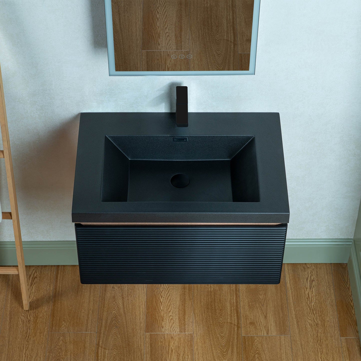 WOODBRIDGE 29-1/2 in. W x 19-5/8 in. D Wall Mounted Floating Multi-layer Engineering Wood Bathroom Vanity with Premium Black Sintered Stone Vanity Top