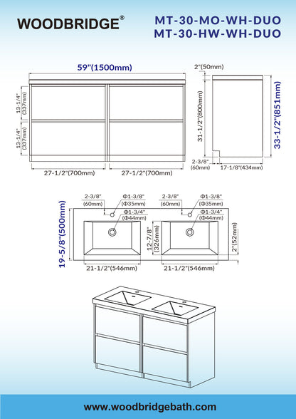 WOODBRIDGE 59 in. W x 19-5/8 in. D Freestanding Double Vanity with Resin Composite Double Sink Vanity Top in White
