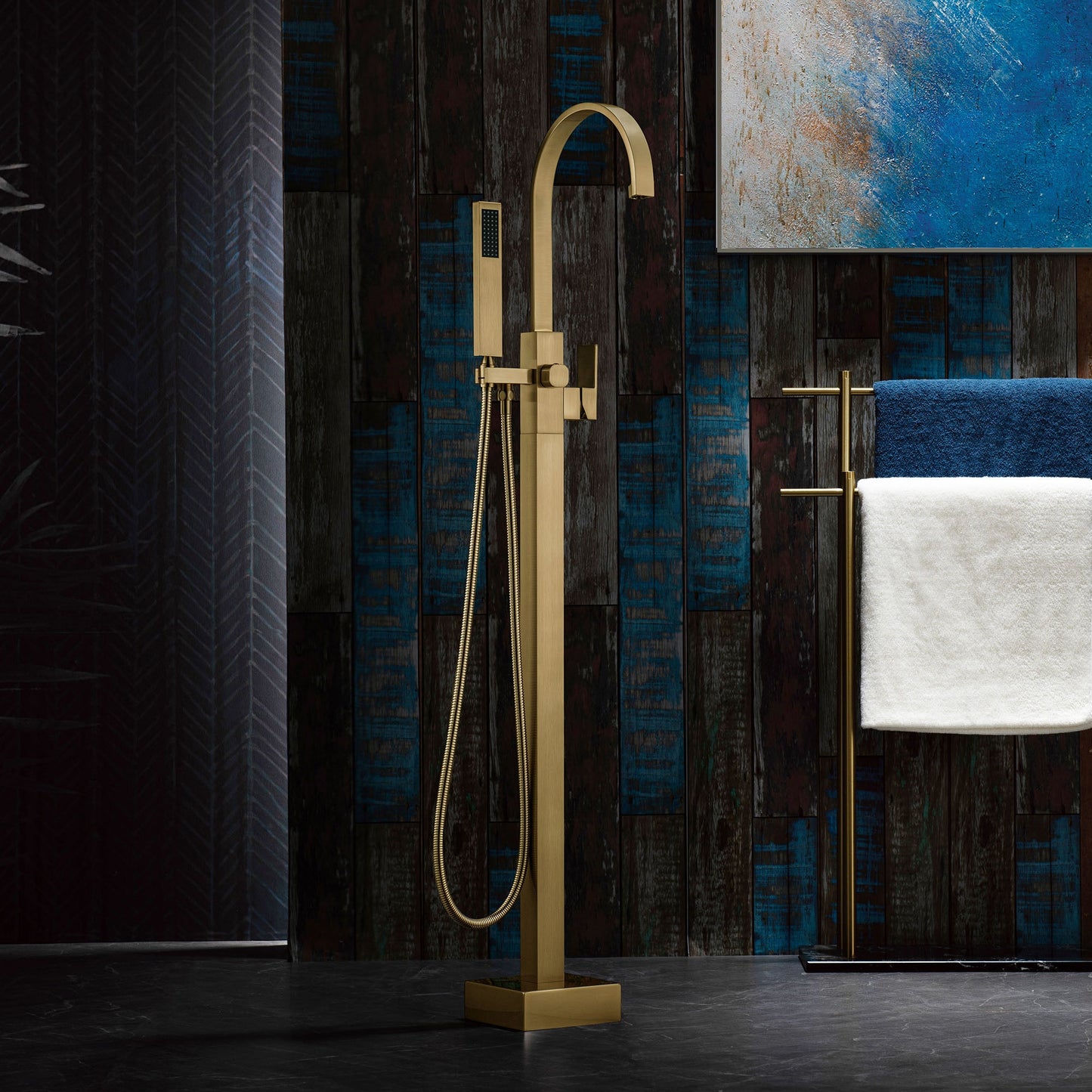 WOODBRIDGE F0060BN Contemporary Single Handle Floor Mount Freestanding Tub Filler Faucet with Hand Shower