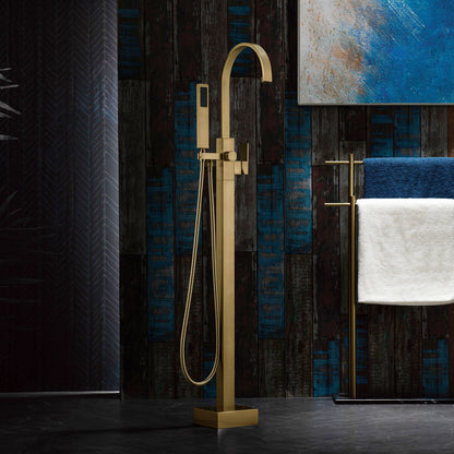 WOODBRIDGE F0060BN Contemporary Single Handle Floor Mount Freestanding Tub Filler Faucet with Hand Shower