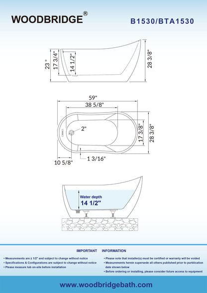 WOODBRIDGE 59" Acrylic Freestanding Bathtub Contemporary Soaking Tub