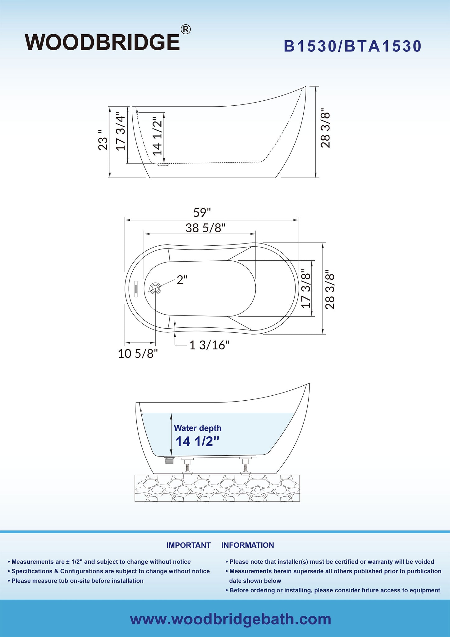 WOODBRIDGE 59" Acrylic Freestanding Bathtub Contemporary Soaking Tub