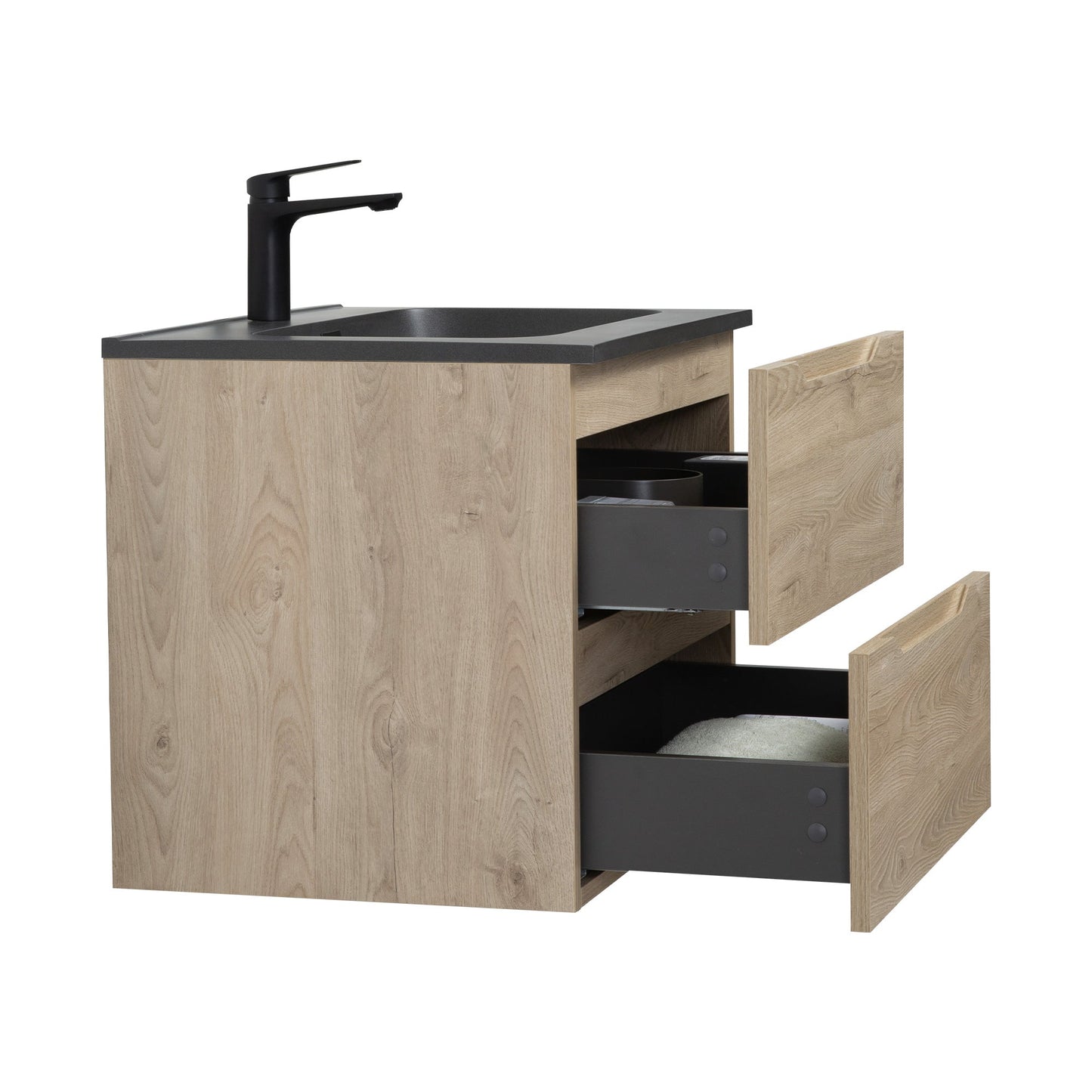 WOODBRIDGE 23-5/8" Wall Mounted Single Basin Vanity – Evita Oak Wood Finish with Black Quartz Sand Composite Top, Floating Design