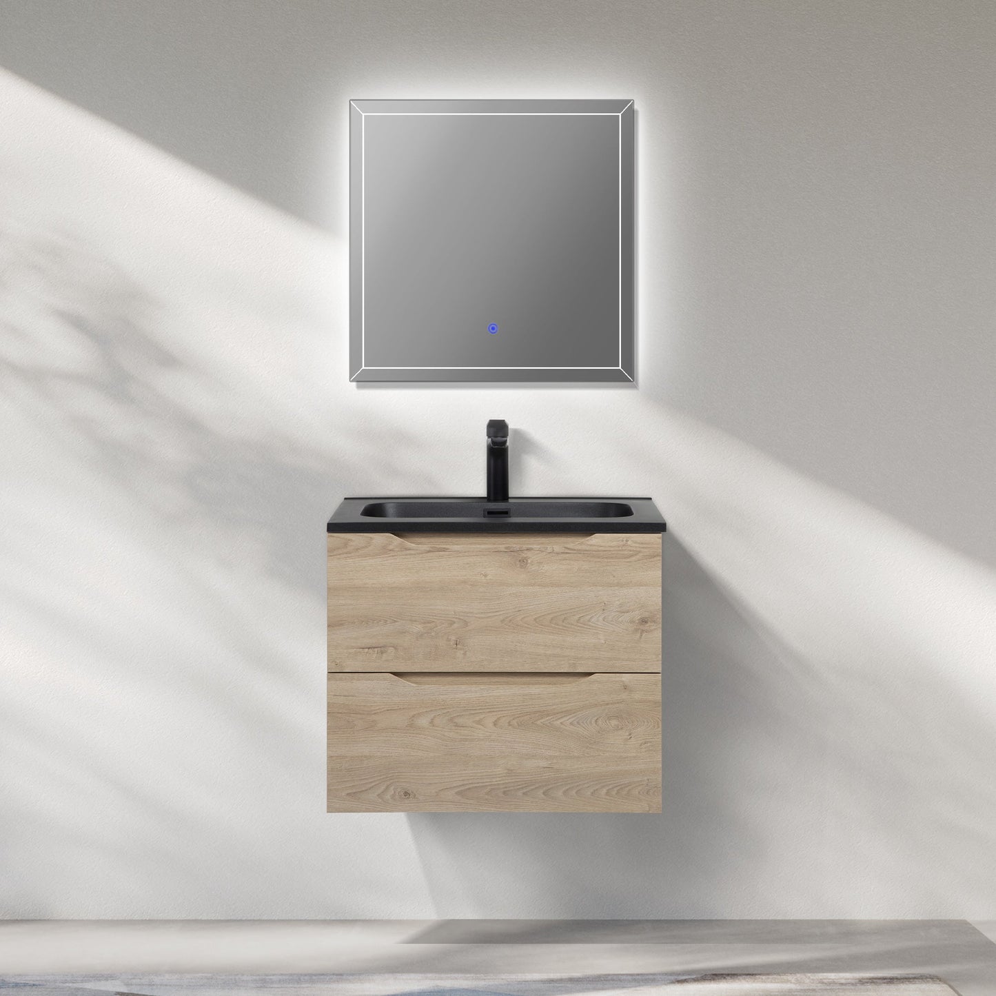 WOODBRIDGE 23-5/8" Wall Mounted Single Basin Vanity – Evita Oak Wood Finish with Black Quartz Sand Composite Top, Floating Design