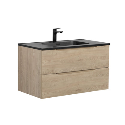 WOODBRIDGE 23-5/8" Wall Mounted Single Basin Vanity – Evita Oak Wood Finish with Black Quartz Sand Composite Top, Floating Design