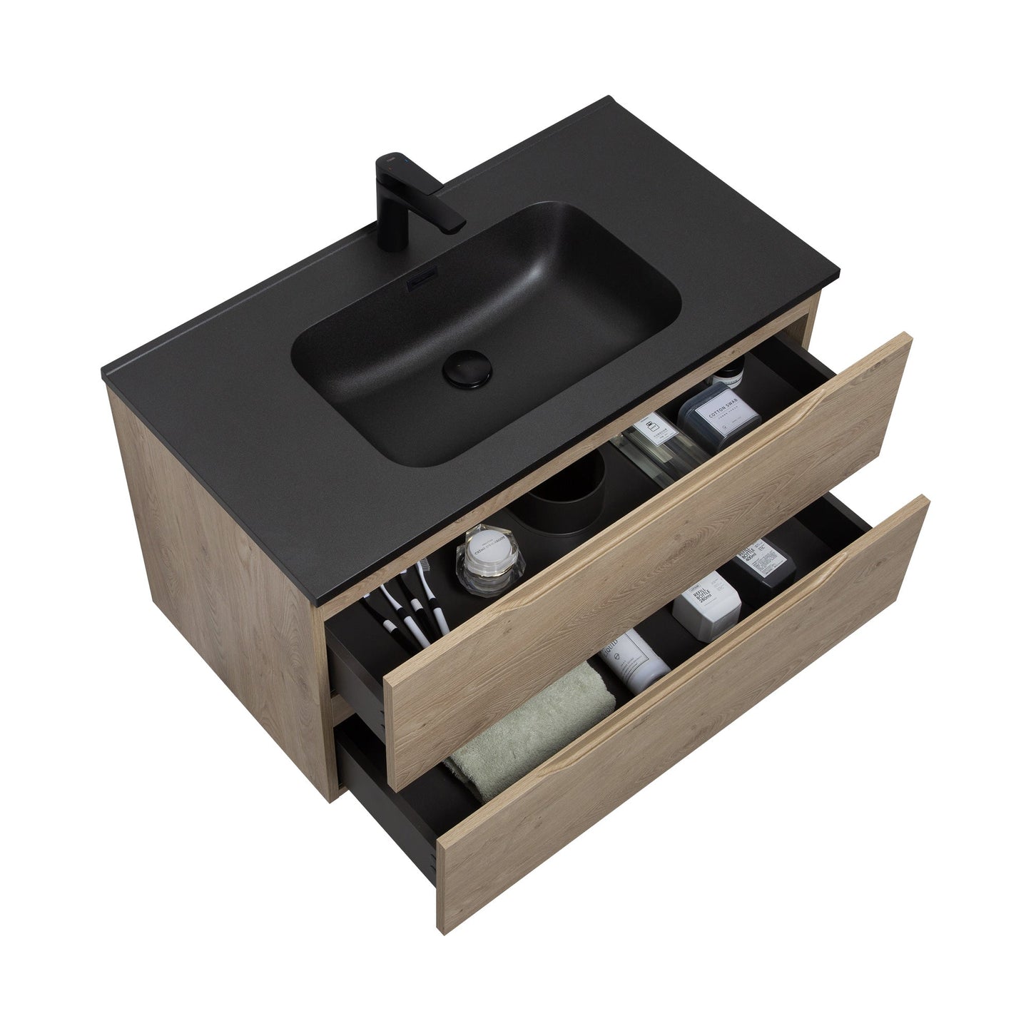 WOODBRIDGE 23-5/8" Wall Mounted Single Basin Vanity – Evita Oak Wood Finish with Black Quartz Sand Composite Top, Floating Design