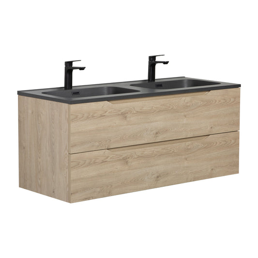 WOODBRIDGE 47-1/4" Wall Mounted Double Basin Vanity – Evita Oak Wood Finish with Black Quartz Sand Composite Top, Floating Design