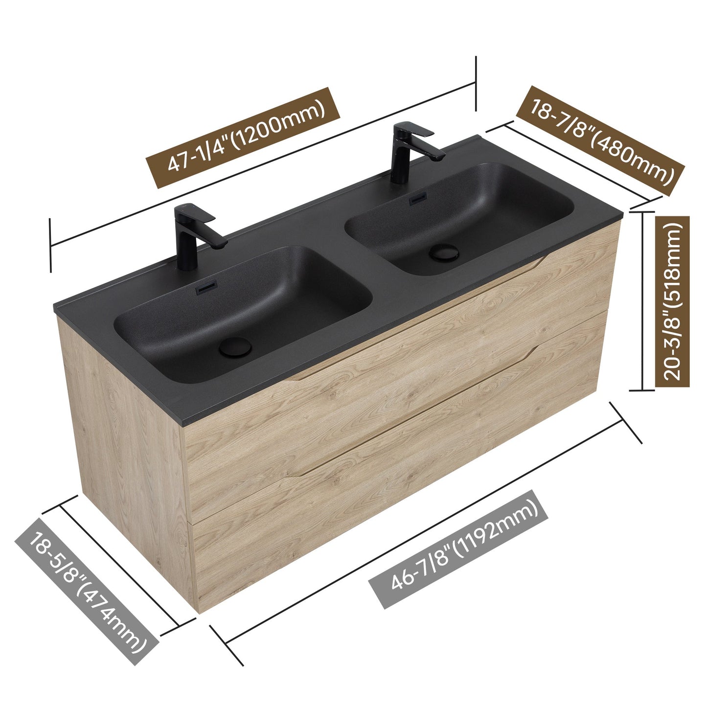 WOODBRIDGE 47-1/4" Wall Mounted Double Basin Vanity – Evita Oak Wood Finish with Black Quartz Sand Composite Top, Floating Design