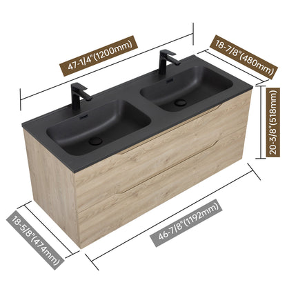 WOODBRIDGE 47-1/4" Wall Mounted Double Basin Vanity – Evita Oak Wood Finish with Black Quartz Sand Composite Top, Floating Design