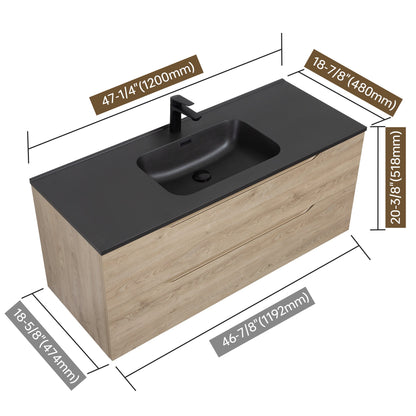 WOODBRIDGE 23-5/8" Wall Mounted Single Basin Vanity – Evita Oak Wood Finish with Black Quartz Sand Composite Top, Floating Design