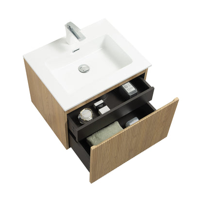 WOODBRIDGE 23-5/8" Wall Mounted Floating Bathroom Vanity in Yellow Oak Wood Finish with White Resin Top and Single Sink