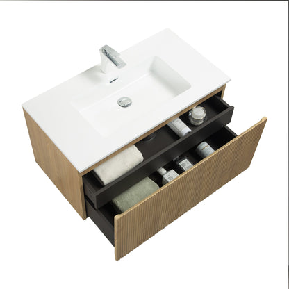WOODBRIDGE 23-5/8" Wall Mounted Floating Bathroom Vanity in Yellow Oak Wood Finish with White Resin Top and Single Sink