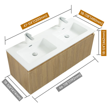 WOODBRIDGE 47-1/4" Wall Mounted Floating Bathroom Vanity in Yellow Oak Wood Finish with White Resin Top and Double Sink