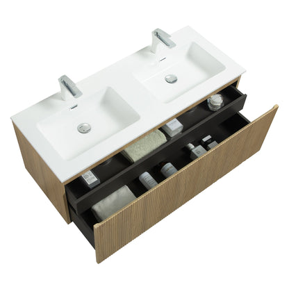 WOODBRIDGE 47-1/4" Wall Mounted Floating Bathroom Vanity in Yellow Oak Wood Finish with White Resin Top and Double Sink
