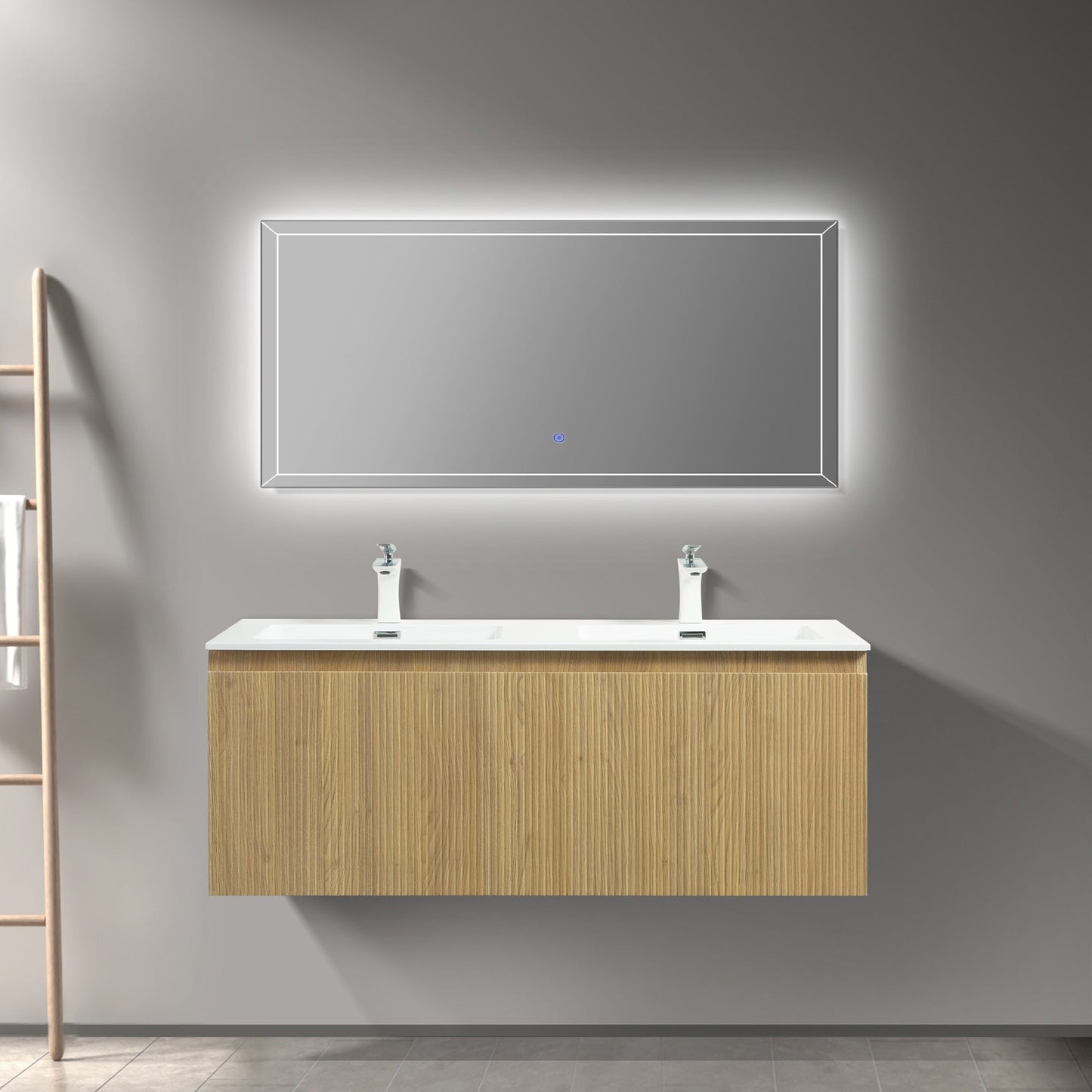WOODBRIDGE 47-1/4" Wall Mounted Floating Bathroom Vanity in Yellow Oak Wood Finish with White Resin Top and Double Sink