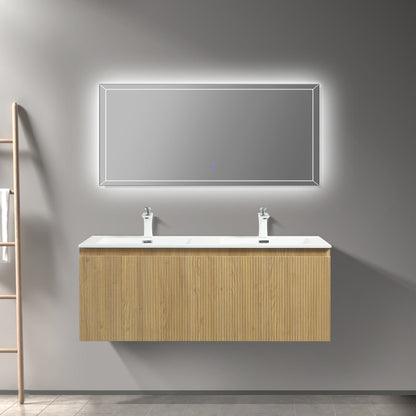 WOODBRIDGE 47-1/4" Wall Mounted Floating Bathroom Vanity in Yellow Oak Wood Finish with White Resin Top and Double Sink