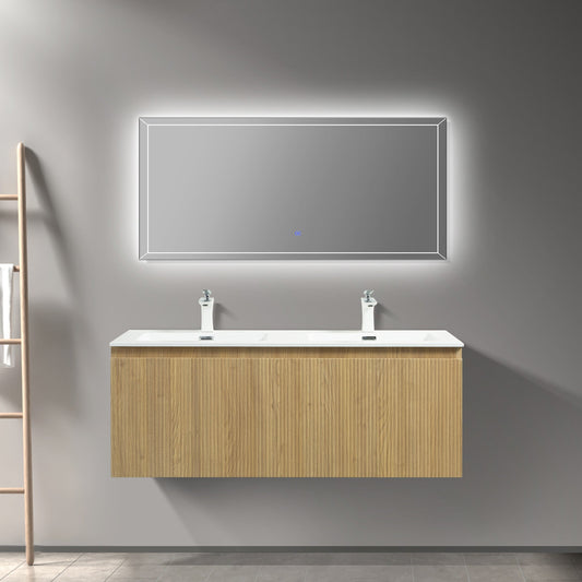 WOODBRIDGE 47-1/4" Wall Mounted Floating Bathroom Vanity in Yellow Oak Wood Finish with White Resin Top and Double Sink