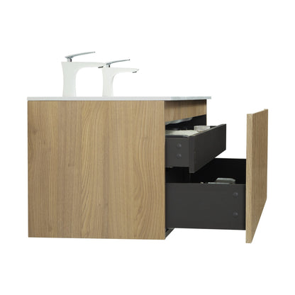 WOODBRIDGE 47-1/4" Wall Mounted Floating Bathroom Vanity in Yellow Oak Wood Finish with White Resin Top and Double Sink