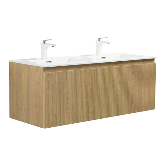 WOODBRIDGE 47-1/4" Wall Mounted Floating Bathroom Vanity in Yellow Oak Wood Finish with White Resin Top and Double Sink