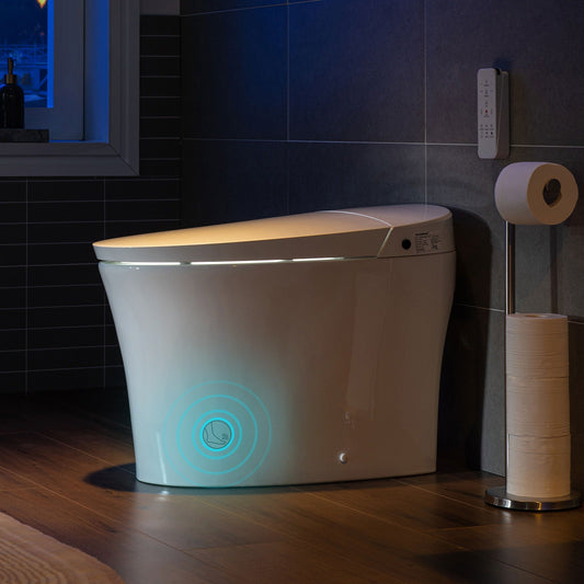 WOODBRIDGE B0970S Smart Bidet Tankless Toilet Elongated One Piece Chair Height, Auto Flush, Foot Sensor Operation, Heated Seat with Integrated Multi Function Remote Control in White