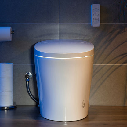 WOODBRIDGE B0970S Smart Bidet Tankless Toilet Elongated One Piece Chair Height, Auto Flush, Foot Sensor Operation, Heated Seat with Integrated Multi Function Remote Control in White
