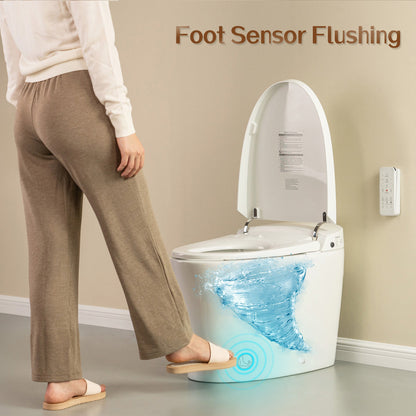 WOODBRIDGE B0970S Smart Bidet Tankless Toilet Elongated One Piece Chair Height, Auto Flush, Foot Sensor Operation, Heated Seat with Integrated Multi Function Remote Control in White