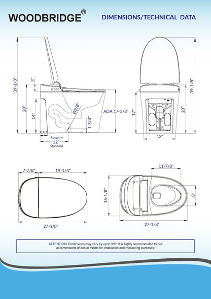 WOODBRIDGE B0970S Smart Bidet Tankless Toilet Elongated One Piece Chair Height, Auto Flush, Foot Sensor Operation, Heated Seat with Integrated Multi Function Remote Control in White