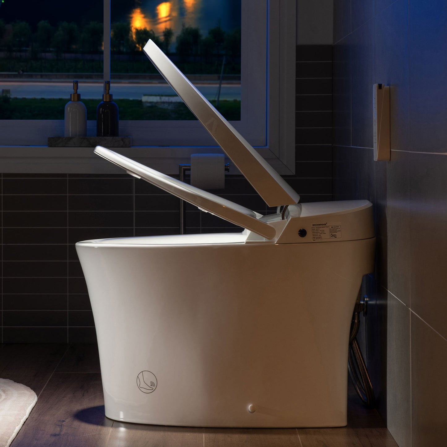 WOODBRIDGE B0970S Smart Bidet Tankless Toilet Elongated One Piece Chair Height, Auto Flush, Foot Sensor Operation, Heated Seat with Integrated Multi Function Remote Control in White