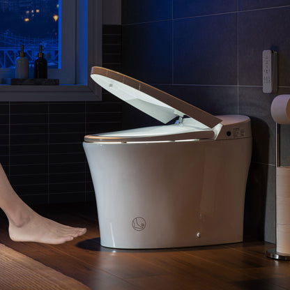 WOODBRIDGE B0970S Smart Bidet Tankless Toilet Elongated One Piece Chair Height, Auto Flush, Foot Sensor Operation, Heated Seat with Integrated Multi Function Remote Control in White