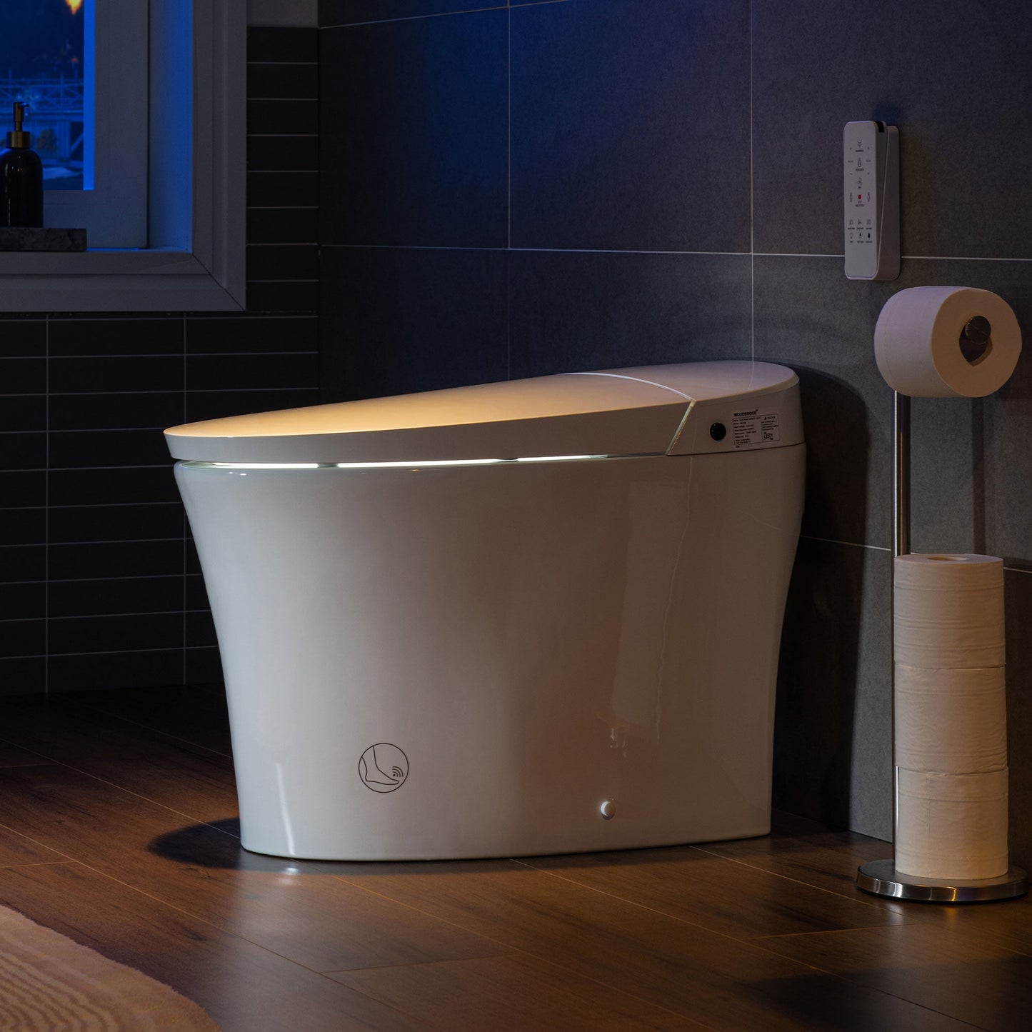 WOODBRIDGE B0970S Smart Bidet Tankless Toilet Elongated One Piece Chair Height, Auto Flush, Foot Sensor Operation, Heated Seat with Integrated Multi Function Remote Control in White