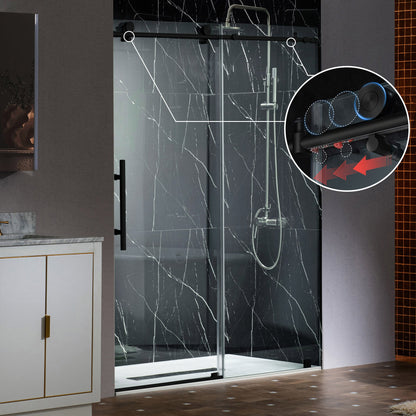 WOODBRIDGE Frameless Single Sliding Shower Doors, 45.5-48" Width x 76"Height with 3/8"(10mm) Clear Tempered Glass, Soft Close System and Explosion-Proof Film