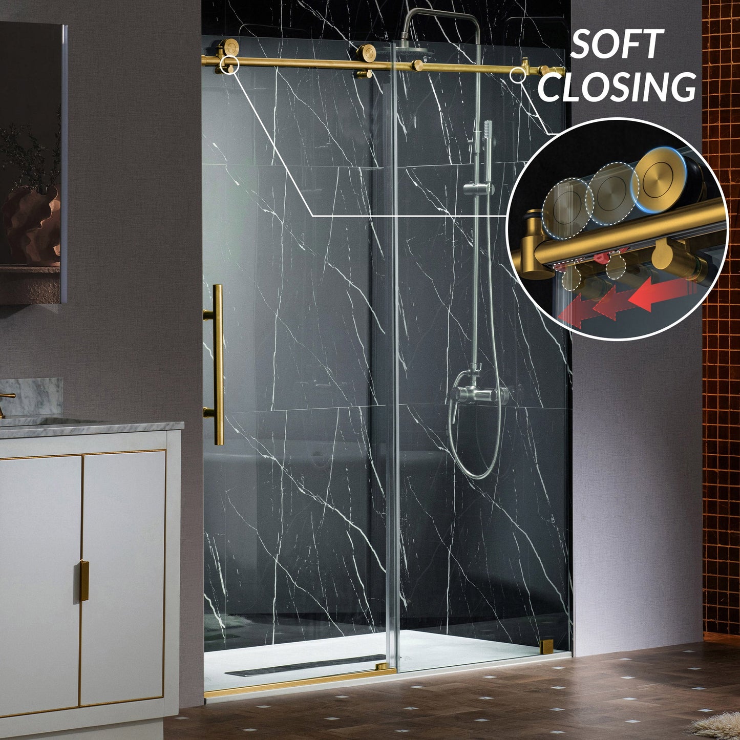 WOODBRIDGE Frameless Sliding Shower Doors with Soft Close System, 56-60" Width x 76"Height with 3/8"(10mm) Clear Tempered Glass