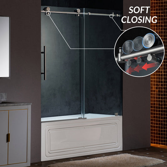 WOODBRIDGE Frameless Single Sliding Shower Doors, 57.5-60" Width x 62"Height with 3/8"(10mm) Clear Tempered Glass, Soft Close System and Explosion-Proof Film