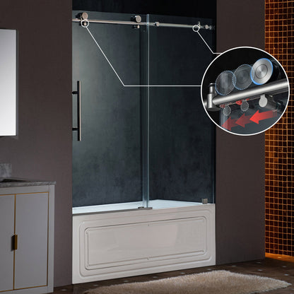 WOODBRIDGE Frameless Single Sliding Shower Doors, 57.5-60" Width x 62"Height with 3/8"(10mm) Clear Tempered Glass, Soft Close System and Explosion-Proof Film