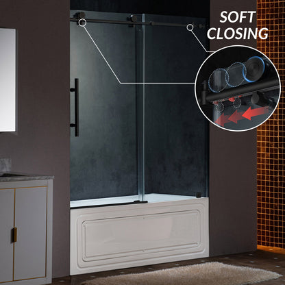 WOODBRIDGE Frameless Single Sliding Shower Doors, 57.5-60" Width x 62"Height with 3/8"(10mm) Clear Tempered Glass, Soft Close System and Explosion-Proof Film