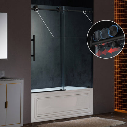 WOODBRIDGE Frameless Single Sliding Shower Doors, 57.5-60" Width x 62"Height with 3/8"(10mm) Clear Tempered Glass, Soft Close System and Explosion-Proof Film