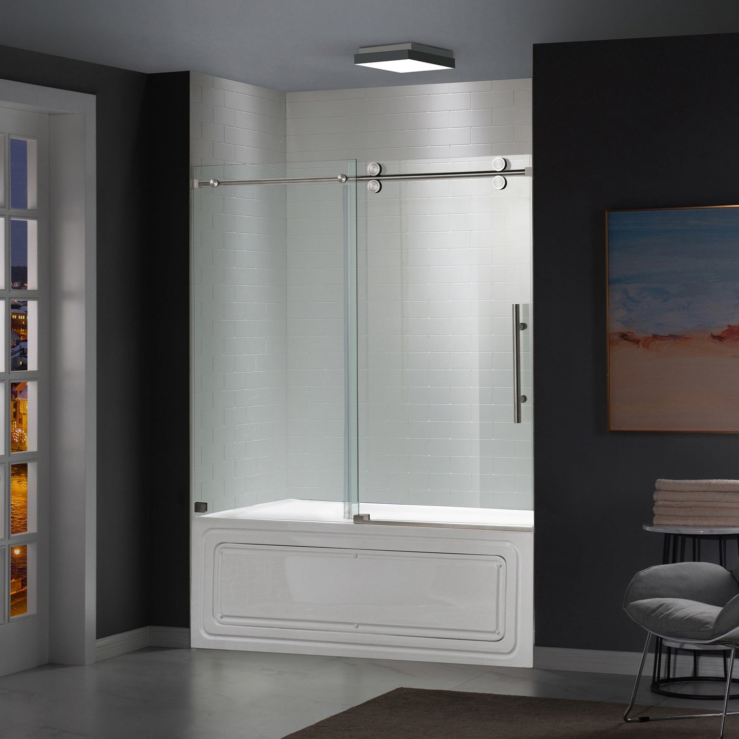 WOODBRIDGE Frameless Bathtub Shower Doors 56-60" Width x 66" Height with 5/16"(8mm) Clear Tempered Glass, Single Sliding with Side Seal Strips