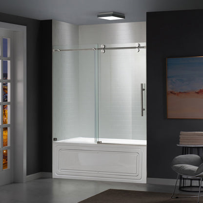 WOODBRIDGE Frameless Bathtub Shower Doors 56-60" Width x 66" Height with 5/16"(8mm) Clear Tempered Glass, Single Sliding with Side Seal Strips