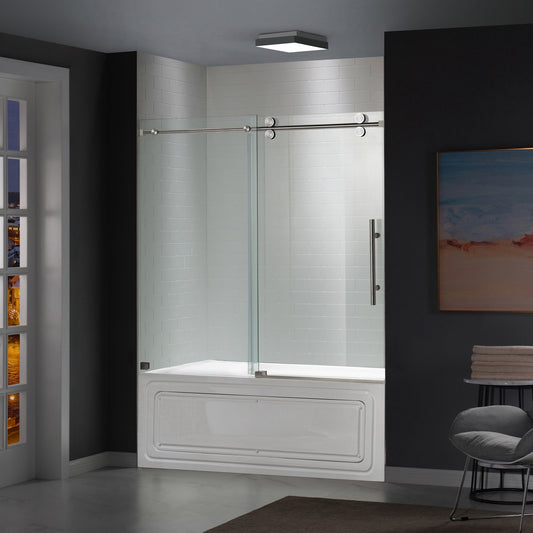 WOODBRIDGE Frameless Bathtub Shower Doors 56-60" Width x 66" Height with 5/16"(8mm) Clear Tempered Glass, Single Sliding with Side Seal Strips