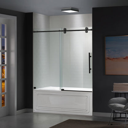 WOODBRIDGE Frameless Bathtub Shower Doors 56-60" Width x 66" Height with 5/16"(8mm) Clear Tempered Glass, Single Sliding with Side Seal Strips
