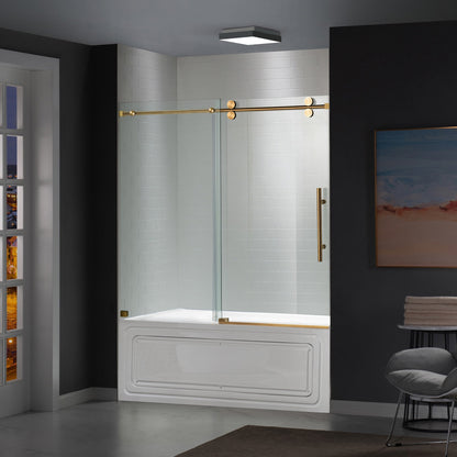 WOODBRIDGE Frameless Bathtub Shower Doors 56-60" Width x 66" Height with 5/16"(8mm) Clear Tempered Glass, Single Sliding with Side Seal Strips