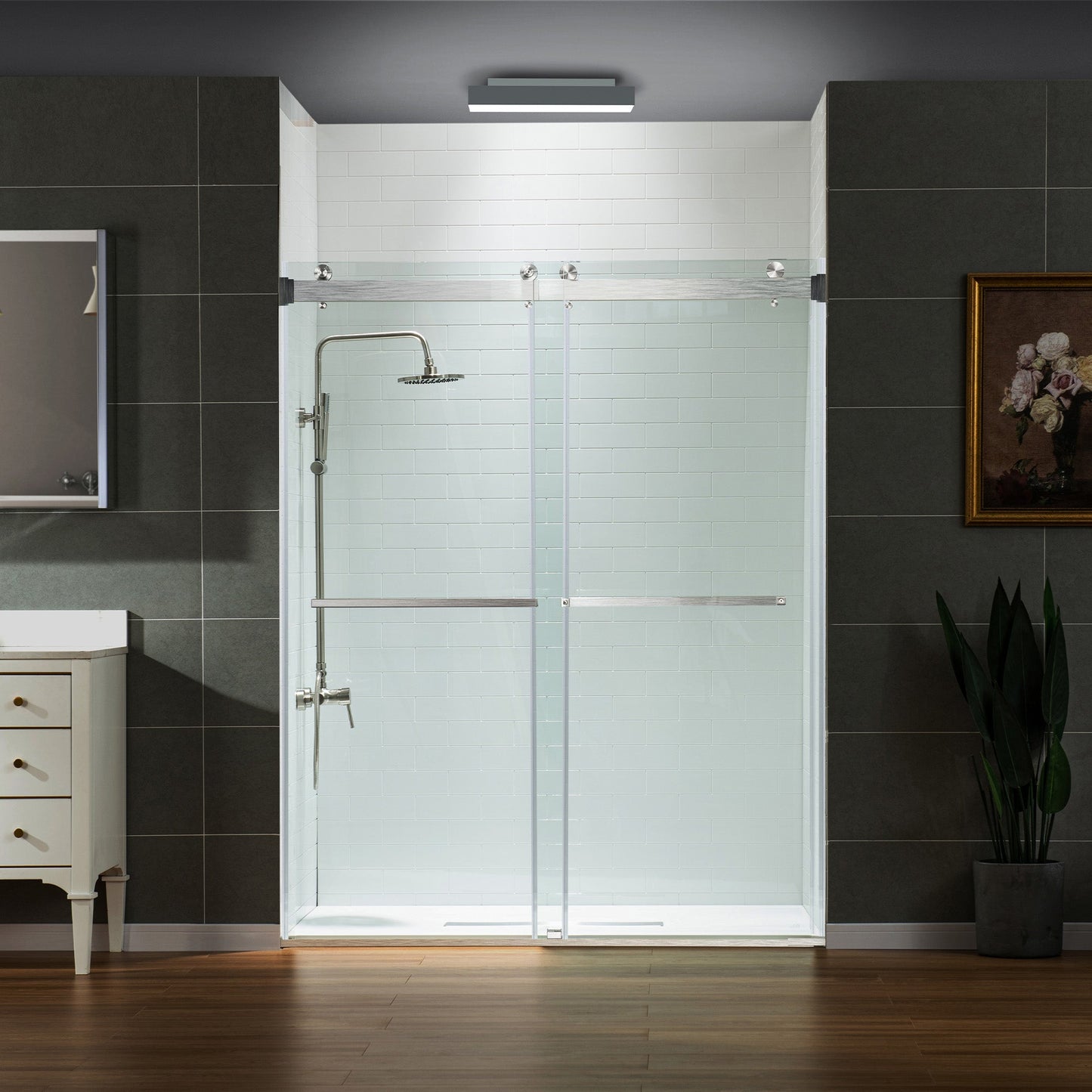 WOODBRIDGE Frameless Shower Doors 56-60" Width x 76" Height with 5/16"(8mm) Clear Tempered Glass, Double Sliding with Side Seal Strips