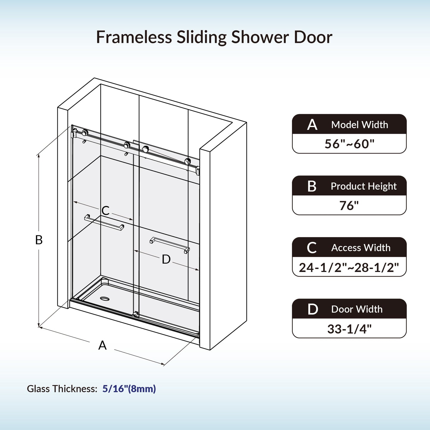 WOODBRIDGE Frameless Shower Doors 56-60" Width x 76" Height with 5/16"(8mm) Clear Tempered Glass, Double Sliding with Side Seal Strips
