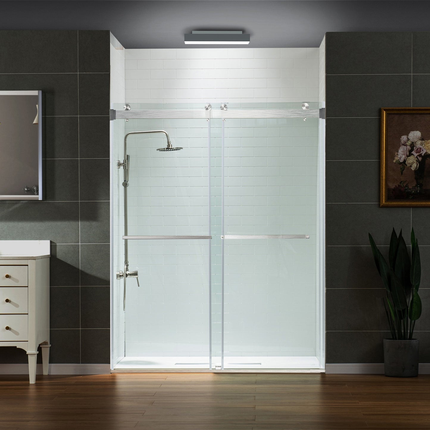 WOODBRIDGE Frameless Shower Doors 56-60" Width x 76" Height with 5/16"(8mm) Clear Tempered Glass, Double Sliding with Side Seal Strips